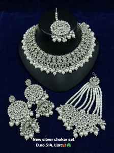 Gold <b>Pearl</b> Bridal Shadow Choker <b>Necklace</b> <b>Set</b> Earrings Maang Tikka Ethnic Trendy Handmade High Quality Latest Wedding Party - Product Image 2