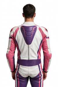 <b>Men's</b> Full Sleeve White Pink <b>Purple</b> Color Blocked PU Motorcycle Racing <b>Suit</b> Windproof All Seasons Wear - Product Image 6