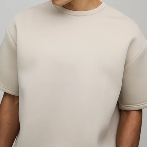 Ensemble T-shirt et short pour homme, col rond, beige, décontracté, tricoté, couleur unie, vêtements d'automne, respirant, style ample, 100% coton, séchage rapide - Product Image 3