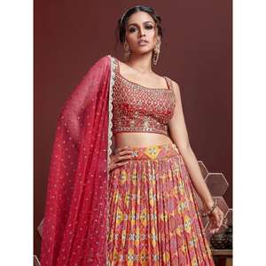 Étonnante broderie de paillettes rouges Chinon soie Lehenga Choli - Product Image 2
