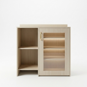 Meuble Bar Moderne en Bois de Chêne Naturel avec Portes en Verre Cannelé, Étagères Ouvertes, Console de Rangement, Buffet pour Salon, Meuble de Maison - Product Image 1