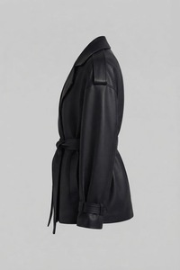 Black Plus Size Faux <b>Leather</b> Belted <b>Jacket</b> Peaked Lapel <b>Long</b> Sleeve Waist Cinch Outerwear - Product Image 3