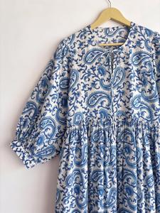 Best Quality Women Casual Maxi <b>Dress</b> 100% Cotton Blue Paisley Print Puff Sleeve O-Neck Loose Fit <b>Elastic</b> Waist Summer Daily Wear - Product Image 4