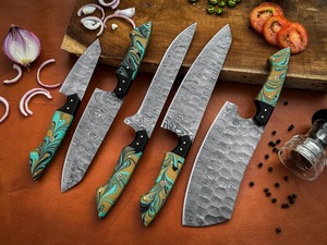 Juego de 5 cuchillos de cocina de acero de Damasco con mangos de resina turquesa - Product Image 2