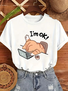 Camiseta Gráfica con Diseño de Gato 'I'm OK' para Mujer, Cuello Redondo, Manga Corta, Color Beige, con un Elegante Diseño de Gato Durmiendo - Product Image 4