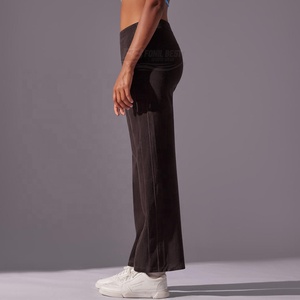 Pantalon de yoga pour femme, taille haute, côtelé, évasé, longueur cheville, avec poches, taille élastique, couleur unie, polyester/coton, respirant - Product Image 5