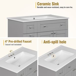 Mobile Bagno da 30 Pollici con Ampio Spazio Contenitivo, Cassetti Profondi a Doppio Livello e 2 Ante con Chiusura Ammortizzata, Combinazione Lavabo in Ceramica - Product Image 6