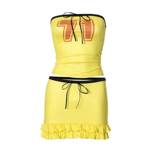 2024 Summer New Arrival Women's Customized Logo Two-Piece Set Short Tops and <b>Mini</b> Skirt with Drawstring Strap Sleeveless Bra - Product Image 1
