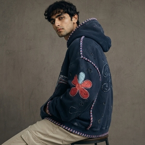 Comfortable Cotton <b>Pullover</b> Sweatshirt Clothing Vintage Washed Design Detailed Embroidery <b>Men</b> Distressed Embroidery Hoodies - Product Image 2