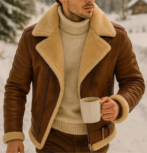 Veste d'hiver pour homme en cuir véritable, doublée polaire, col montant, boutons recouverts, coupe ample, décontractée et tendance, avec logo frontal - Product Image 3