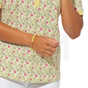Polo pour femme à imprimé floral, coupe classique, respirant, manches courtes, jaune rose, décontracté, tissé, 100% coton - Product Image 5