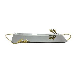 Bandeja Decorativa Ovalada con Asas de Latón, Diseño Floral Art Deco, Artesanía Metálica, Bandeja Ovalada de Acero Inoxidable con Asas de Latón - Product Image 3