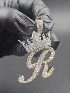 VVS Round Brilliant Cut Moissanite diamond Crown Custom Letter 925 Sterling <b>Silver</b> Luxury <b>Charm</b> Pendant Unisex Party Wear - Product Image 2