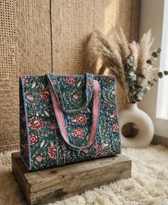 Sac fourre-tout en coton matelassé à motif floral, avec deux anses, fermeture éclair, imperméable, réutilisable, pliable, pour le shopping, les voyages et le quotidien - Product Image 1