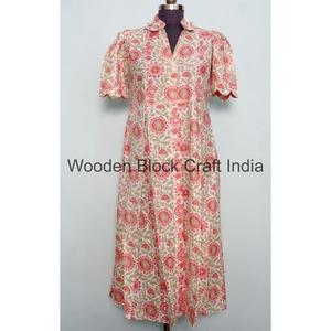 Robe en coton vintage bohème écologique faite à la main, détail boutonné, manches courtes, silhouette en A, décontractée pour femmes, bureau, été - Product Image 1