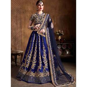 Conjunto de Lehenga Choli de Seda Azul con Bordado Dori para Mujer Talla Grande - Product Image 1