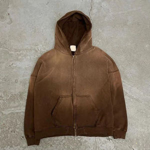 Conjunto Deportivo Unisex Marrón con Capucha, Lavado Ácido, Cierre de Cremallera en Manga Larga, Color Sólido, Corte Holgado Informal, Ropa de Otoño para Adultos - Product Image 5