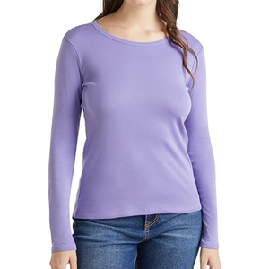 Camiseta de punto de manga larga con cuello redondo para mujer, de color sólido, 100% algodón, transpirable, informal, en oferta online. - Product Image 6