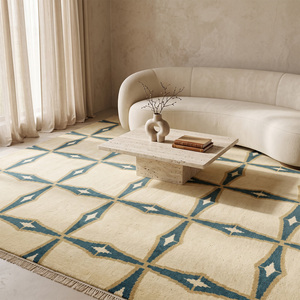 Alfombra de Lana Ecológica Azul Turquesa y Marfil con Diseño Geométrico de Rejilla y Motivo de Diamante y Estrella para Sala de Estar, Dormitorio e Interiores de Hotel - Product Image 3