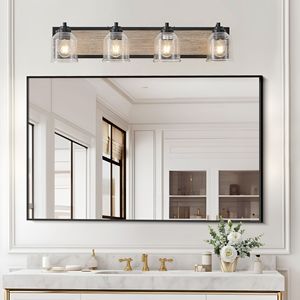 32\" Farmhouse 4-Light Bathroom Vanity Fixture Clear Seeded Glass Shades with Black Wood Grain Finish <b>Wall</b> <b>Sconce</b> Design - Product Image 1