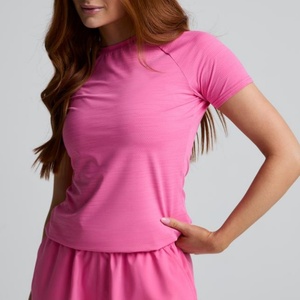 T-shirt à manches courtes col rond rose pour femme, coupe ajustée, séchage rapide, tricoté en polyester, décontracté, pour le printemps et l'été - Product Image 1