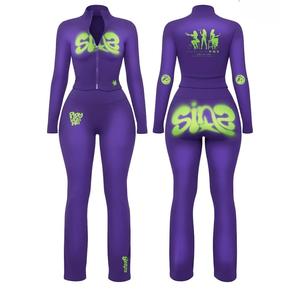 Women <b>Black</b> Full Sleeve Tracksuit Set Pink Letter Print <b>Turtleneck</b> Zipper Front Streetwear Skinny Fit Spring Spandex Polyester - Product Image 2