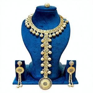 Luxury Gold Finish Multi-Layer Beaded Long <b>Necklace</b> <b>Set</b> with Drop Pendant & Designer <b>Earrings</b> 63133 - Product Image 1