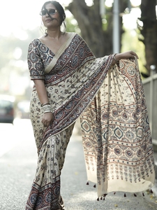 Sari Blanco Tradicional Indio de Diseño Boutique con Estampado Digital a Mano, Ropa Étnica para Mujer, Estilo Casual, Largo hasta el Suelo - Product Image 3