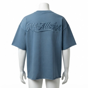 Men's <b>Blue</b> Oversized <b>T</b> Shirt Tonal Raised Graphic Short Sleeve Crew Neck Casual Streetwear Apparel Wholesale Supplier - Product Image 3
