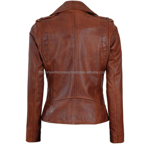 Veste moto en cuir véritable marron pour homme, col rabattu, fermeture éclair, poches avant, style automne - Product Image 5