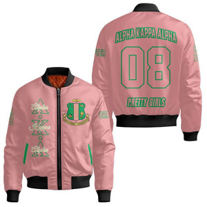 Blouson bomber rose Alpha Aka avec lettres grecques et motif de blason, veste unisexe décontractée à fermeture éclair, coupe-vent - Product Image 1
