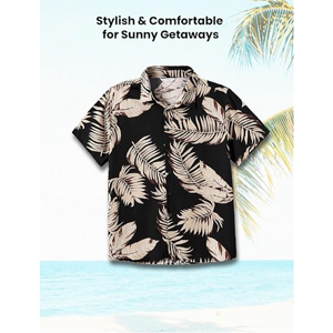 Ensemble de tenues assorties pour la famille à motif feuilles tropicales, style resort : Robe longue à col licou et chemises boutonnées à manches courtes pour enfants - Product Image 4