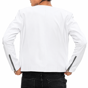 Blouson moto en peau de mouton véritable blanc pour femme, manches longues, fermeture éclair, col rond, décontracté, couleur unie, coupe classique, automne - Product Image 4