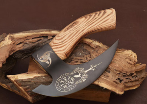 A&M Enterprises Handmade Ulu Style Pizza Cutter <b>Axe</b> with Black Finish Vegvisir and Deer Antler Etched Blade Curved Zebra <b>Wood</b> - Product Image 6