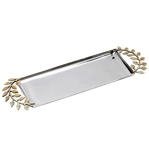 Plateau de service décoratif en métal pour la maison, ustensile de cuisine, plateau à salade et petit-déjeuner avec poignée en feuilles d'or, finition dorée, fait main - Product Image 1