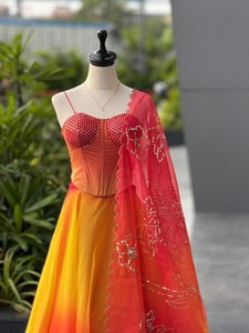 Designer Ombre <b>Red</b> Yellow Floor-Length Quick Dry Lehenga Choli Set with Dupatta Women Party Wear Wedding Festive Ethnic Dress - Product Image 1