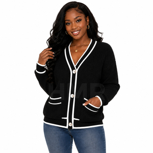 HMR Sisterhood Sorority <b>Women's</b> <b>Black</b> Knitted Acrylic <b>Cardigan</b> Long Sleeve V-Neck Solid Color Classic Style - Product Image 3