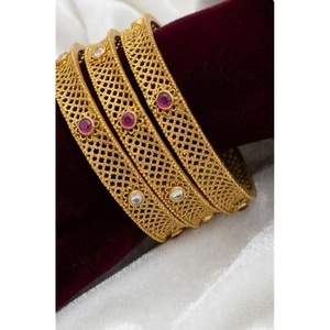 Stylish 24K Gold Plated <b>Bangle</b> <b>Set</b> With Zircon Stones And Pearls For Women Wedding Party Jewelry Geometric Pattern Bracelets - Product Image 1