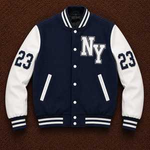 แจ็คเก็ตวาร์ซิตี้แบบสองสีสั่งทำพิเศษ สีน้ำเงินขาว แจ็คเก็ตเบสบอลแบบ Letterman ปักลายปะติด กระดุมแป๊ก สตรีทแวร์ แจ็คเก็ตบอมเบอร์ - Product Image 1