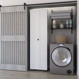 FM Furniture Aiken White <b>Tool</b> <b>Cabinet</b> Broom <b>Storage</b> Shelves and Hangers - Product Image 1