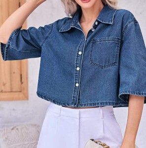 Camisa Corta de Mezclilla para Mujer, Corte Holgado, con Botones, Manga Corta, Informal, Azul, Estilo Urbano, Moda Primavera-Verano - Product Image 4