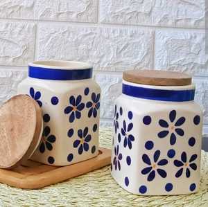Ceramic Square <b>Storage</b> <b>Jar</b> With Wooden Lid Airtight Food Container Minimalist Design Handcrafted <b>Kitchen</b> Use - Product Image 1