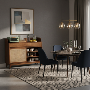 <span class=keywords><strong>Buffet</strong></span> moderne en bois massif avec tissage en rotin naturel et portes coulissantes en verre cannelé pour cuisine - Product Image 1