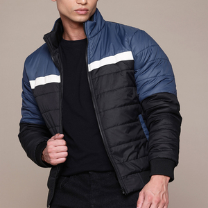 Men's Color Block Puffer <b>Jacket</b> Stand Collar Zipper Closure Casual Winter Outerwear Thick Polyester Wadding Regular Length - Product Image 1