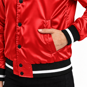 Chaqueta Varsity Negra de Satén Personalizada para Mujer, Manga Larga, Cuello Alto, Ribete en Contraste, Transpirable, Resistente al Viento, Ropa de Invierno, 100% Poliéster - Product Image 4