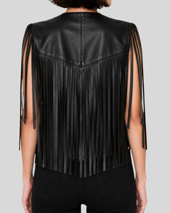 Women's <b>Black</b> Genuine Leather Fringe <b>Vest</b> Single Button Closure Vintage Style Outerwear Regular Length Solid Color Windproof - Product Image 5
