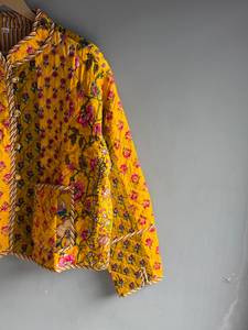 <b>Quilted</b> YELLOW GIFT FOR HER Cotton <b>Jacket</b> Women Floral <b>Pattern</b> Mandarin Collar Full Sleeve Autumn Regular Length Patch Pocket - Product Image 5