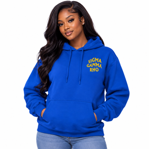 Sudadera con Capucha Azul Rey de Sigma Gamma Rho, con Letras Amarillas en el Pecho, Diseño Minimalista, Bolsillo Canguro, Ropa de Sororidad - Product Image 1