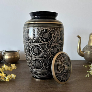 New Modern Customized Oval Cremation Urn Black Gold Hand Engraved Floral Handcrafted Aluminum Adult Human Ashes Decorative - Product Image 1