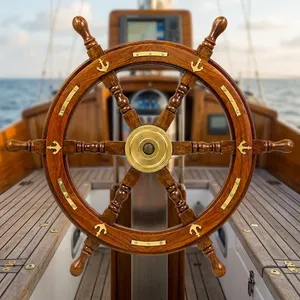 Natural <b>Wood</b> Handcrafted Ship Wheel with Brass <b>Anchor</b> Inlay and Rivets Ocean Maritime Nautical Navy Wall Decor - Product Image 3